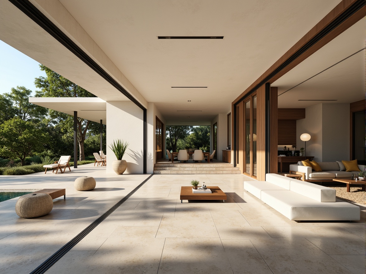 Prompt: Luxurious villa, modernist architecture, clean lines, minimal ornamentation, large windows, sliding glass doors, open-plan living spaces, high ceilings, polished concrete floors, warm beige walls, rich wood accents, sleek metal fixtures, subtle color palette, soft creamy whites, gentle grays, taupe undertones, earthy browns, muted blues, natural stone textures, lush greenery, serene outdoor spaces, sunny day, soft warm lighting, shallow depth of field, 3/4 composition, panoramic view, realistic textures, ambient occlusion.