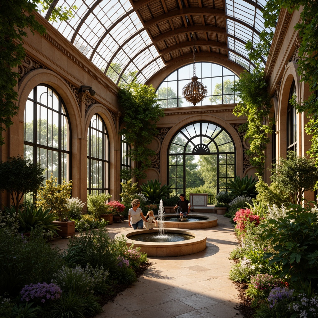 Prompt: Ornate greenhouse, lush tropical plants, delicate vines, intricate stone carvings, grandiose archways, ornamental fountains, soft natural lighting, warm golden tones, rustic wooden beams, elegant chandeliers, lavish furnishings, velvet drapes, rich textiles, Baroque-inspired patterns, curved lines, dramatic shadows, high contrast ratio, 1/2 composition, shallow depth of field, realistic reflections.