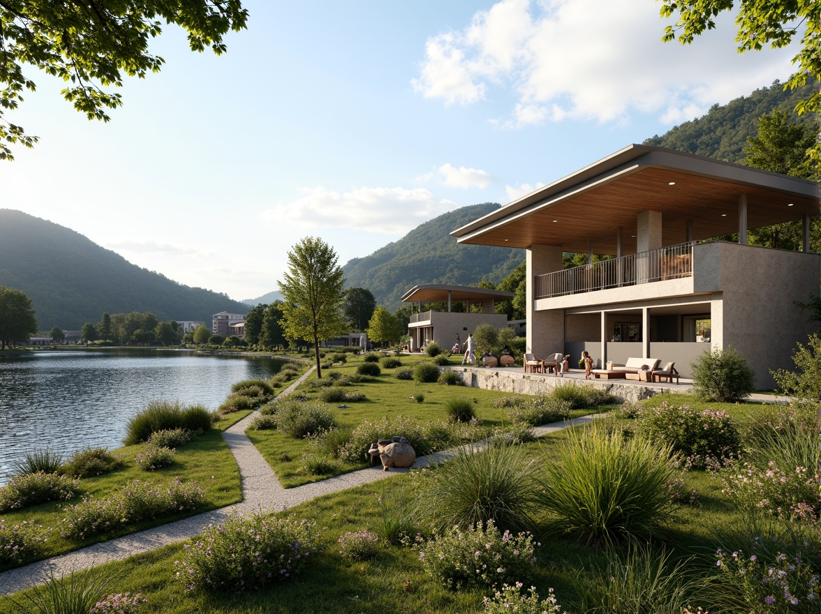 Prompt: Sweeping hills, lush greenery, serene lakeside, modern architecture, curved lines, cantilevered roofs, large windows, sliding glass doors, natural stone walls, wooden accents, vibrant flowers, walking trails, outdoor seating areas, soft warm lighting, shallow depth of field, 3/4 composition, panoramic view, realistic textures, ambient occlusion.