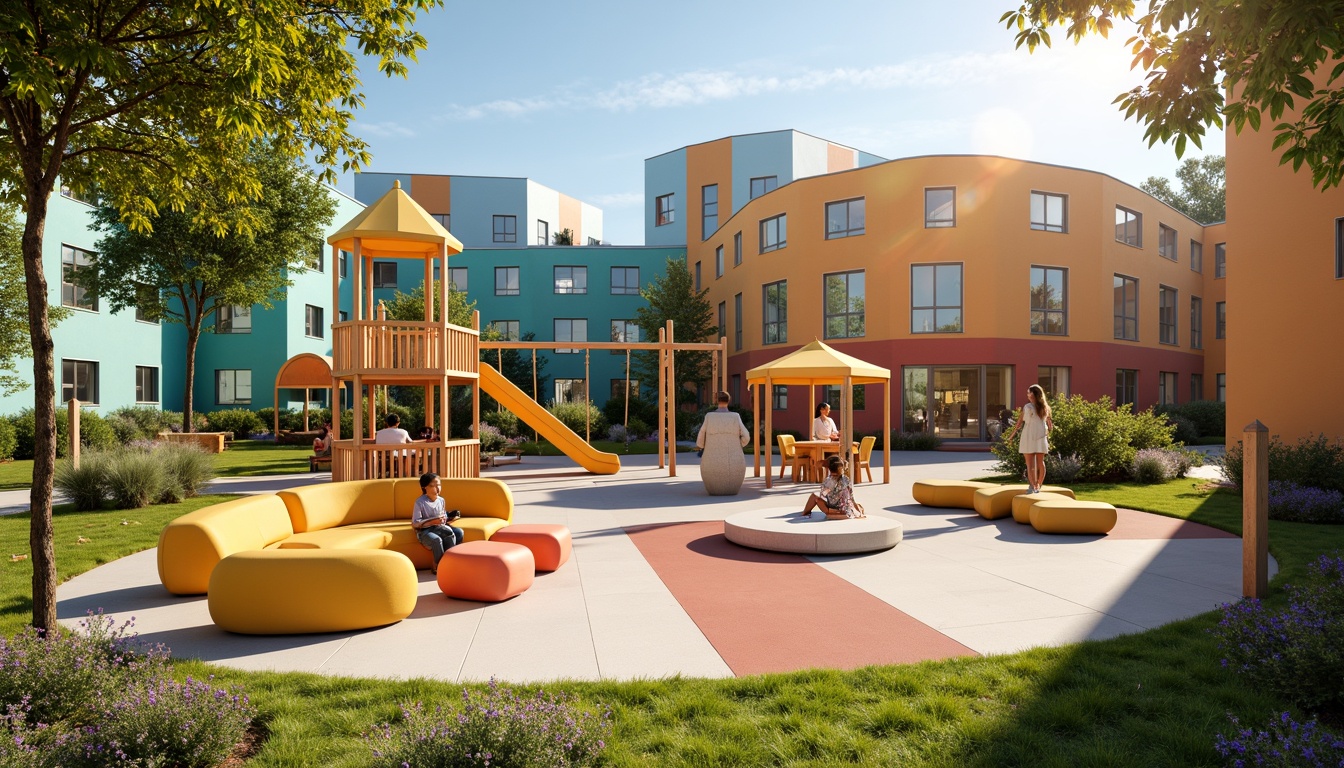 Prompt: Vibrant playground, bright color accents, whimsical murals, playful furniture, soft cushions, rounded shapes, natural wood textures, bold geometric patterns, sunny day, warm lighting, shallow depth of field, 1/1 composition, realistic renderings, ambient occlusion.