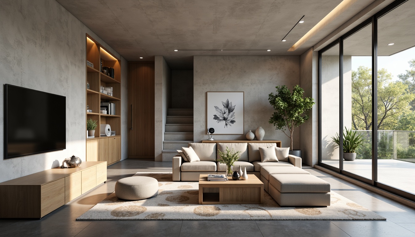 Prompt: Modern minimalist living room, sleek low-profile furniture, neutral color palette, polished concrete floors, floor-to-ceiling windows, natural light pouring in, functional storage units, multi-functional coffee table, comfortable sectional sofa, geometric patterned rug, ambient warm lighting, 1/1 composition, shallow depth of field, realistic textures.