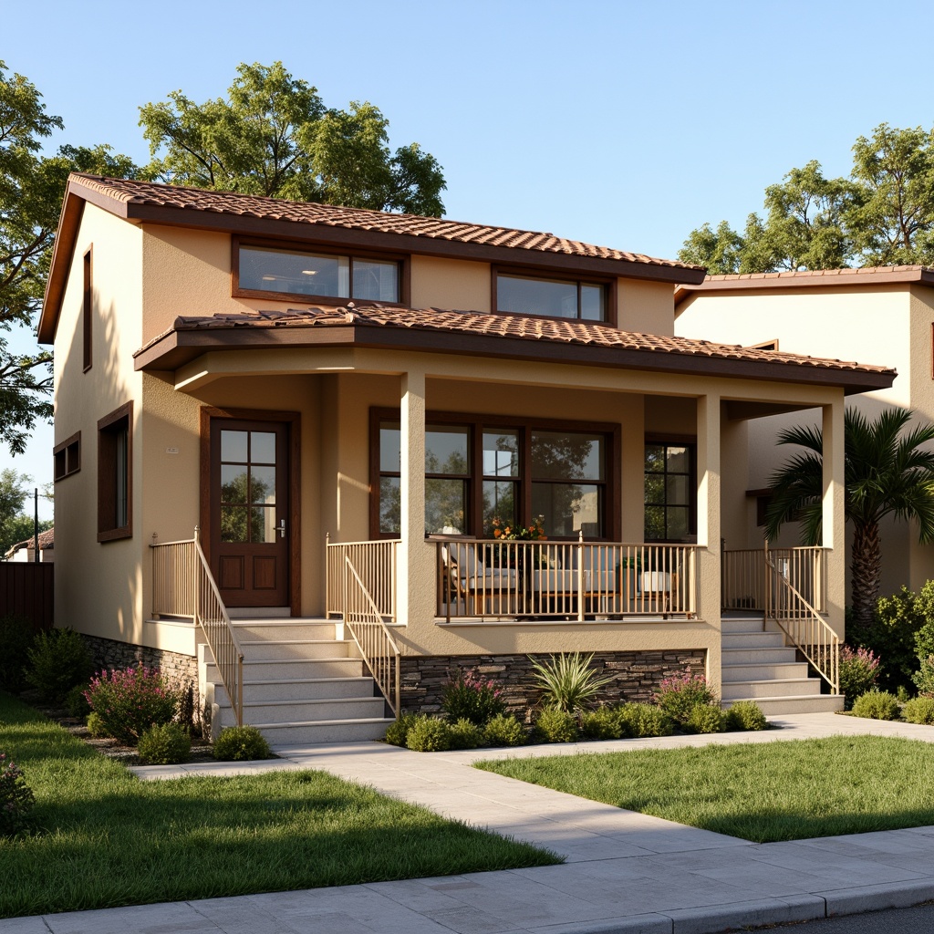 Prompt: Warm beige exterior walls, earthy brown roof tiles, soft cream-colored trim, rustic wooden accents, natural stone foundations, lush green lawns, blooming flower beds, suburban neighborhood setting, sunny afternoon light, gentle warm shadows, 1/2 composition, realistic textures, ambient occlusion, cozy porch seating areas, decorative metal railings, inviting front doors, classic suburban architectural style.