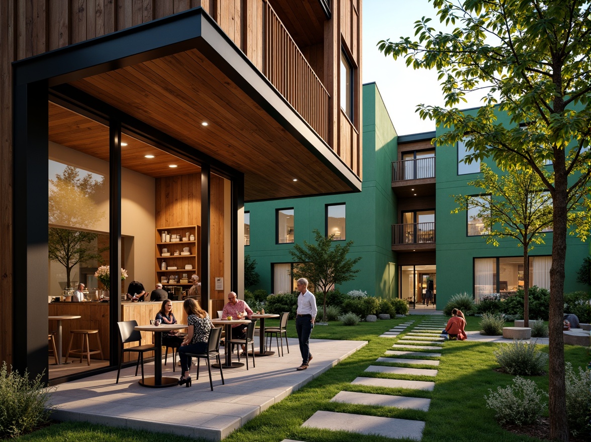 Prompt: Cozy coffee shop, warm wooden facade, large glass windows, rustic metal doors, vibrant green walls, modern minimalist design, social housing complex, community gathering space, outdoor seating area, lush greenery, natural stone pathways, warm lighting, shallow depth of field, 3/4 composition, realistic textures, ambient occlusion.