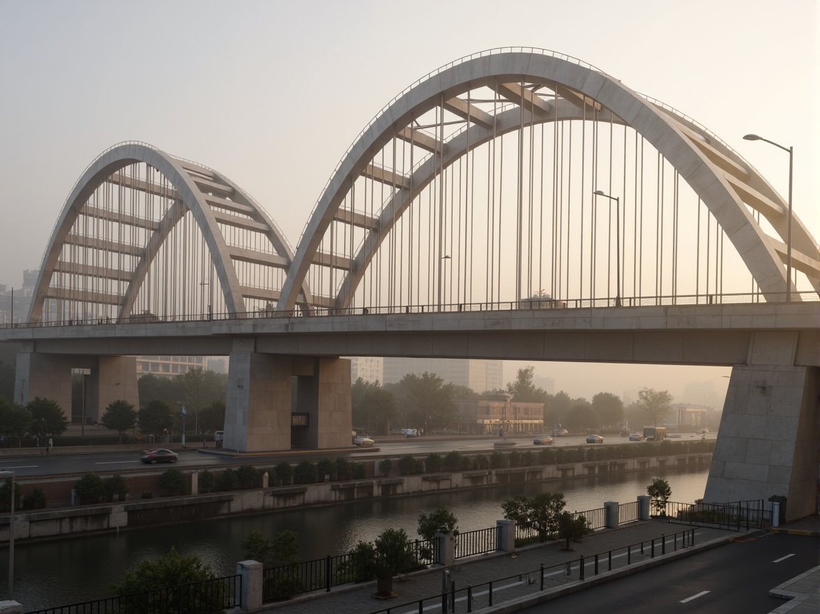 Prompt: Rustic vehicular bridge, steel arches, suspension cables, concrete piers, asphalt roadways, metallic railings, urban cityscape, misty morning fog, soft warm lighting, shallow depth of field, 3/4 composition, panoramic view, realistic textures, ambient occlusion.