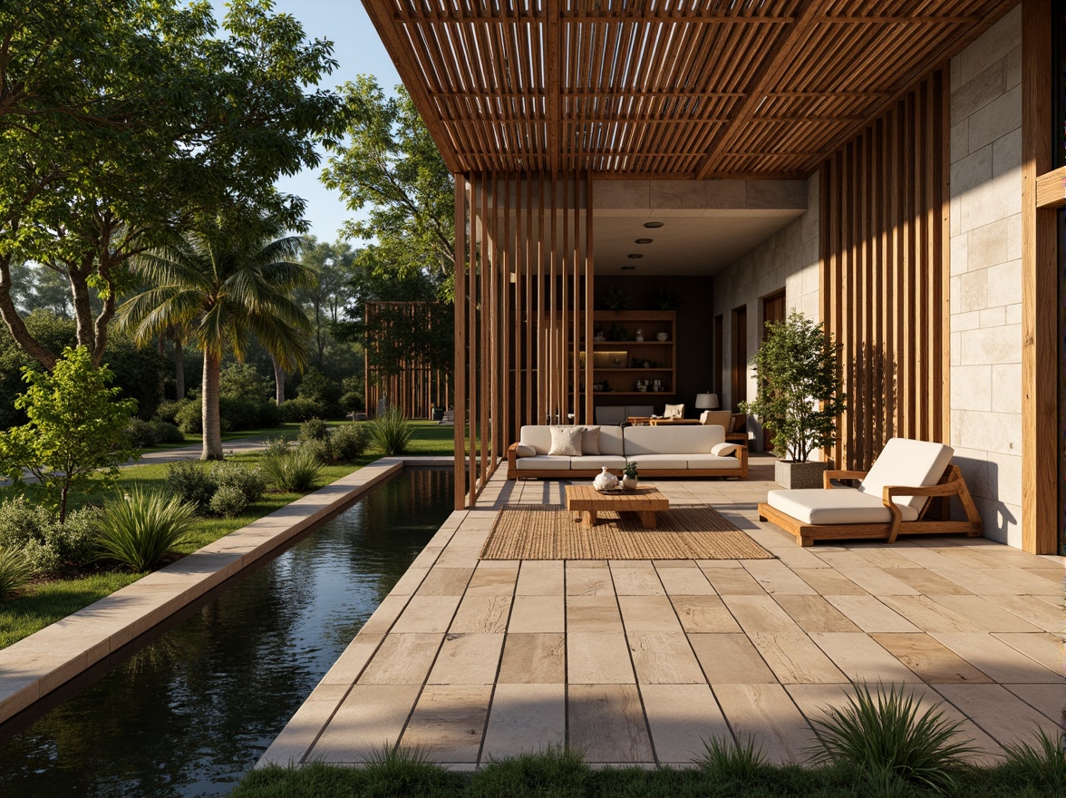 Prompt: Rustic wooden accents, reclaimed timber, natural stone walls, earthy color palette, organic textures, bamboo flooring, woven rattan furniture, living green roofs, lush vegetation, serene water features, minimalist decor, warm ambient lighting, soft shadows, 1/1 composition, realistic renderings, subtle depth of field.