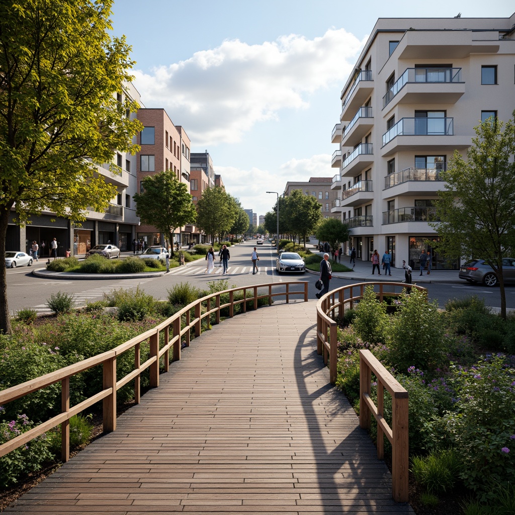 Prompt: Curved pedestrian bridge, sleek metal railings, wooden decking, lush greenery, vibrant flowers, natural stone pillars, modern architecture, urban landscape, bustling city streets, busy intersections, morning commute, soft warm lighting, shallow depth of field, 3/4 composition, panoramic view, realistic textures, ambient occlusion.