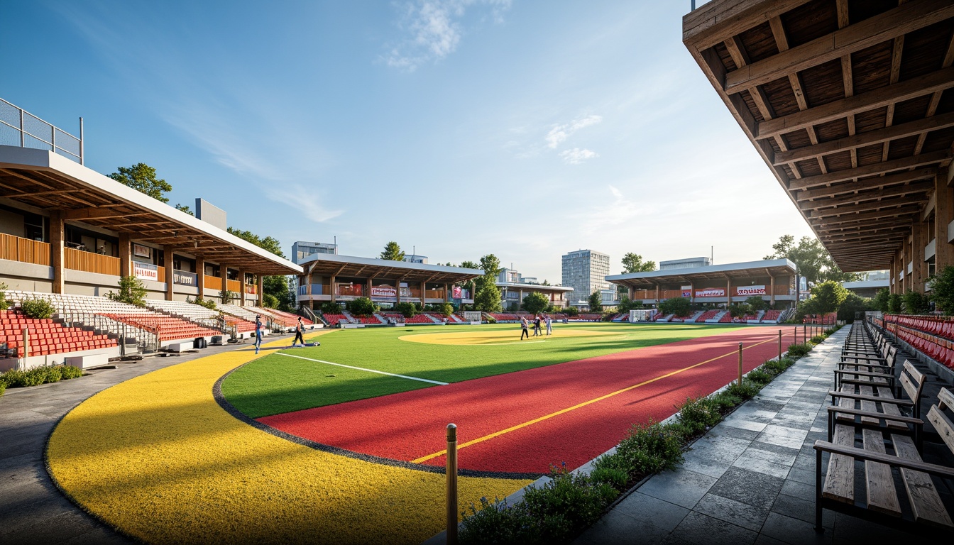 Prompt: Vibrant sports fields, eclectic mix of materials, contrasting textures, artificial turf, natural grass, weathered wood bleachers, metallic goalposts, colorful rubber tracks, bold graphic patterns, dynamic lighting, dramatic shadows, 1/1 composition, low-angle shot, realistic render, ambient occlusion, sunny day, soft warm atmosphere.