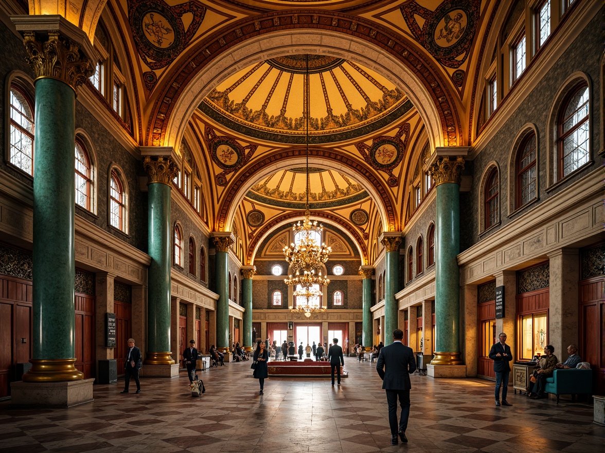 Prompt: Richly ornate Byzantine architecture, warm golden domes, intricate mosaics, vibrant turquoise accents, rich crimson reds, deep blues, luxurious emerald greens, ornate marble columns, gilded details, lavish frescoes, ornate patterns, mystical ambiance, soft warm lighting, shallow depth of field, 1/1 composition, realistic textures, ambient occlusion.