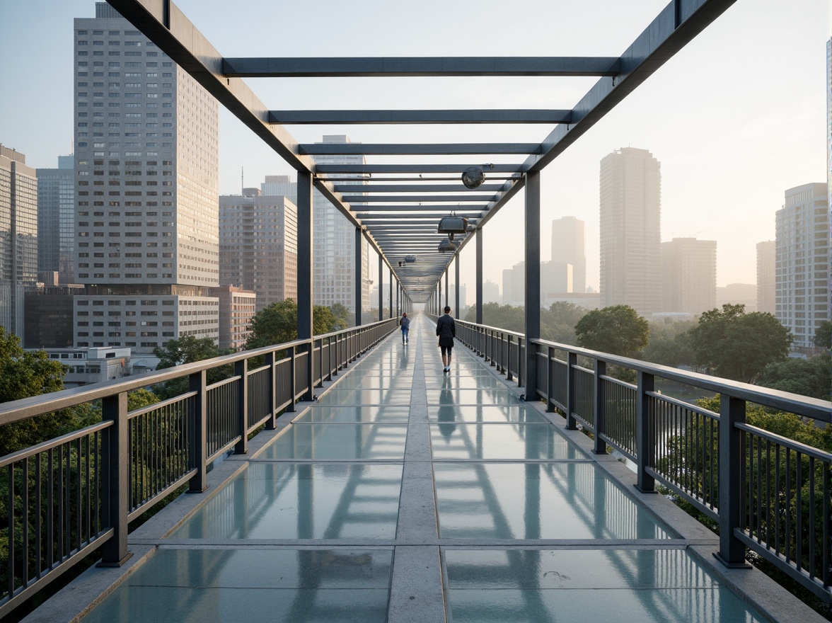 Prompt: Futuristic pedestrian bridge, sleek metal railings, translucent glass floors, LED lighting systems, dynamic structural lines, parametric design, sustainable materials, recycled steel components, durable concrete foundations, weather-resistant coatings, vibrant urban surroundings, bustling cityscape, morning fog, soft warm lighting, shallow depth of field, 3/4 composition, panoramic view, realistic textures, ambient occlusion.