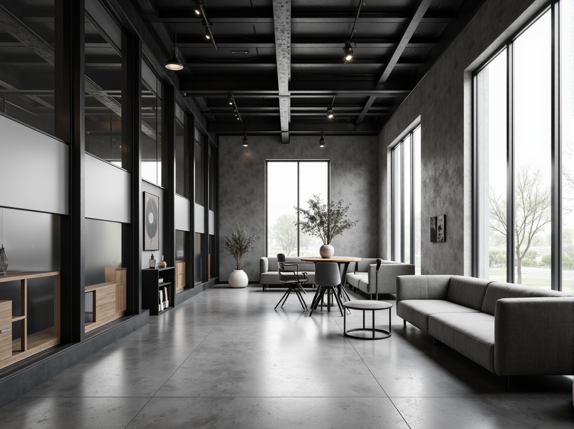 Prompt: Monochromatic interior space, sleek lines, minimal ornamentation, industrial chic aesthetic, polished concrete floors, matte black metal accents, frosted glass partitions, smooth wood surfaces, subtle texture variations, neutral color palette, soft diffused lighting, shallow depth of field, 1/1 composition, realistic reflections, ambient occlusion.