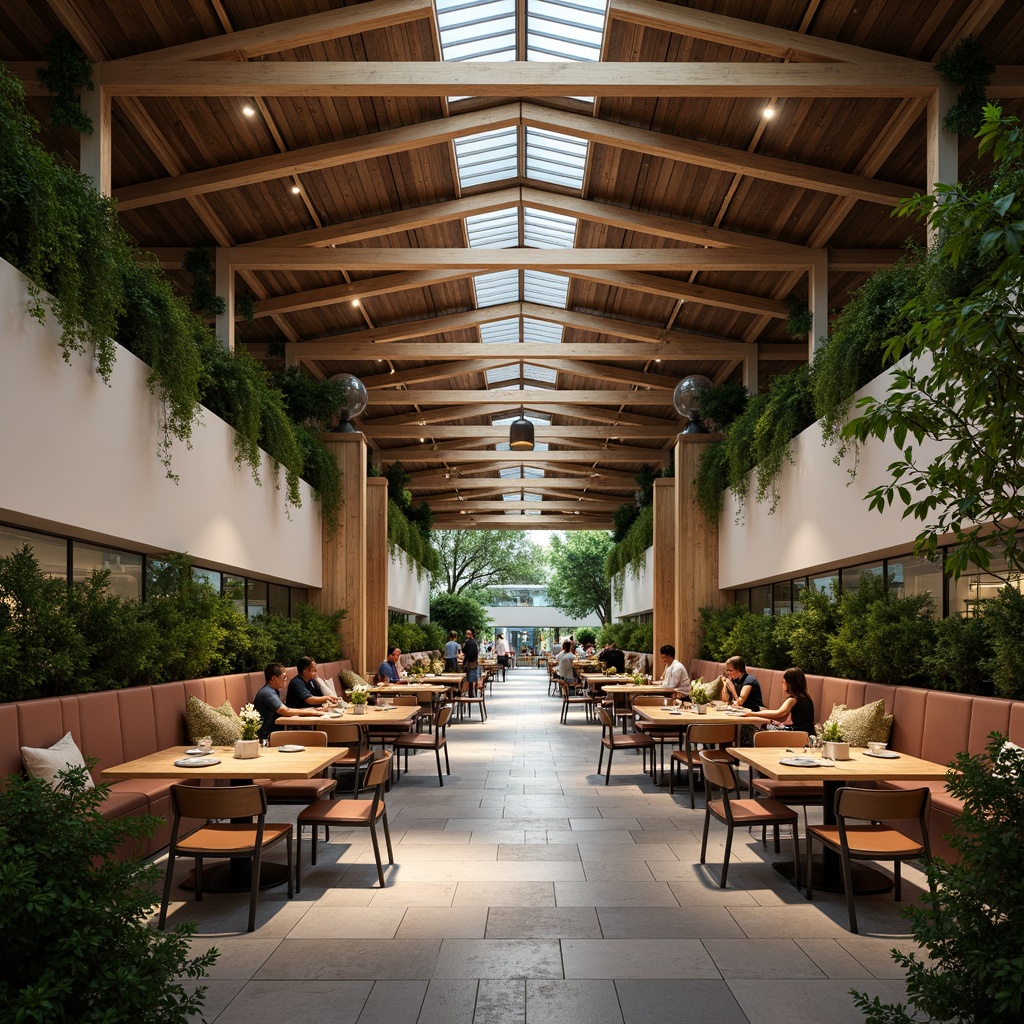 Prompt: Fragmented dining hall, modern architecture, angular lines, minimalist design, open floor plan, communal seating, wooden tables, metal chairs, pendant lighting, natural stone flooring, green walls, living plants, warm color scheme, cozy atmosphere, soft background music, shallow depth of field, 1/1 composition, realistic textures, ambient occlusion.