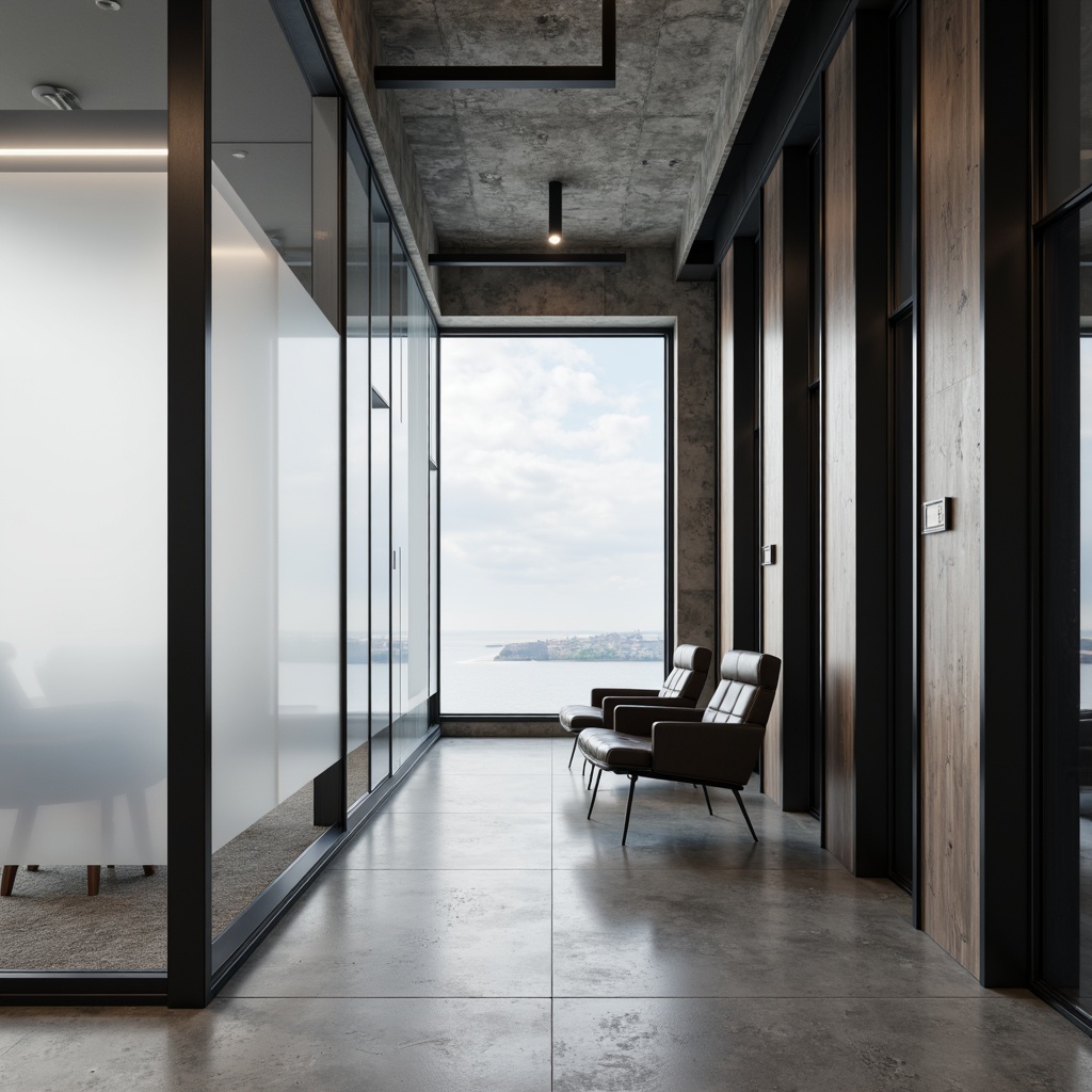 Prompt: Monochromatic interior space, sleek lines, minimal ornamentation, industrial chic aesthetic, polished concrete floors, matte black metal accents, frosted glass partitions, smooth wood surfaces, subtle texture variations, neutral color palette, soft diffused lighting, shallow depth of field, 1/1 composition, realistic reflections, ambient occlusion.