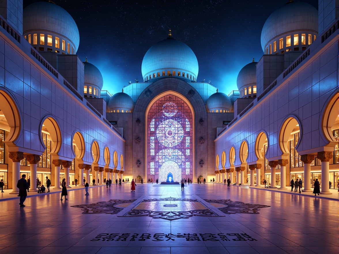 Prompt: Ethereal mosque, iridescent domes, gleaming minarets, holographic stained glass windows, luminescent archways, futuristic Islamic architecture, sleek metallic surfaces, neon-lit calligraphy, intricate geometric patterns, sacred geometry motifs, ambient misting systems, soft warm lighting, shallow depth of field, 3/4 composition, panoramic view, realistic textures, ambient occlusion.