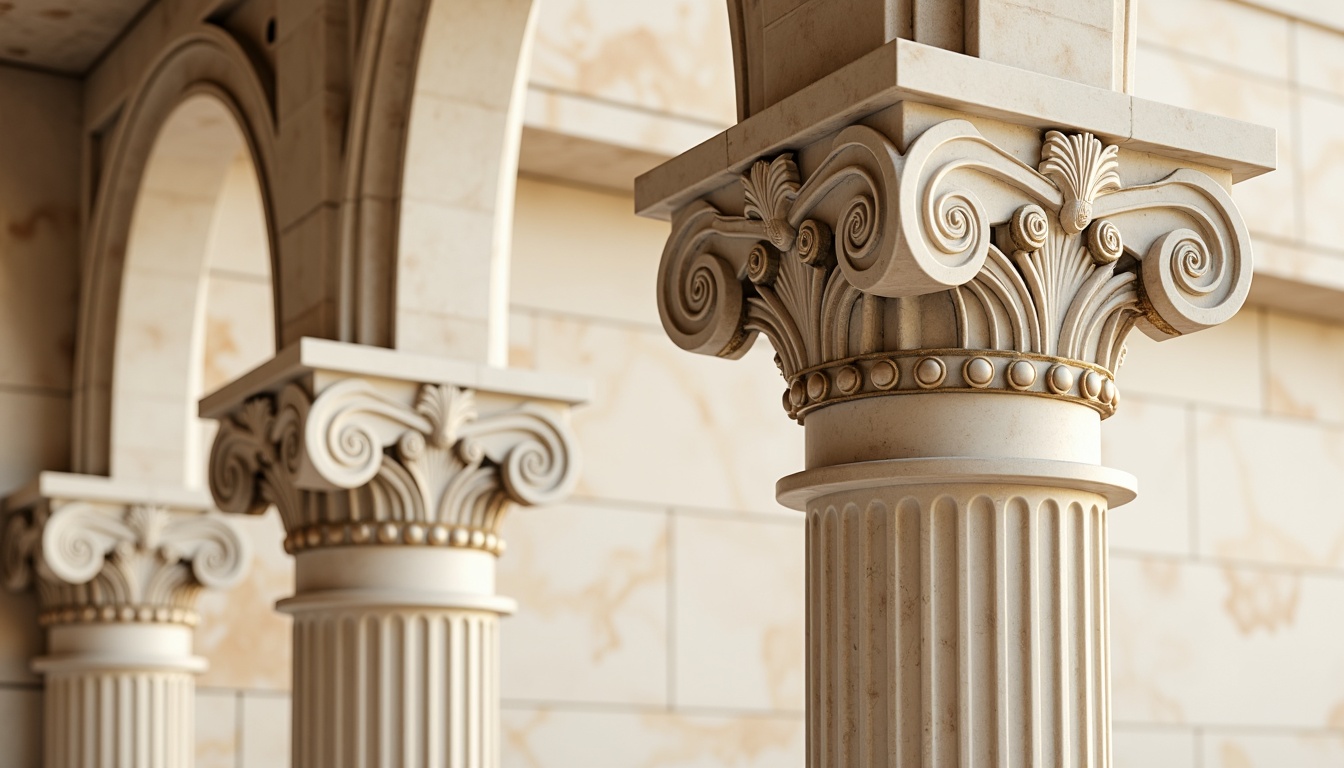 Prompt: Elegant column capitals, ornate carvings, fluted shafts, Corinthian orders, ancient Greek inspirations, creamy white marble, polished stone surfaces, intricate moldings, symmetrical compositions, grandiose proportions, soft warm lighting, shallow depth of field, 3/4 composition, realistic textures, ambient occlusion.