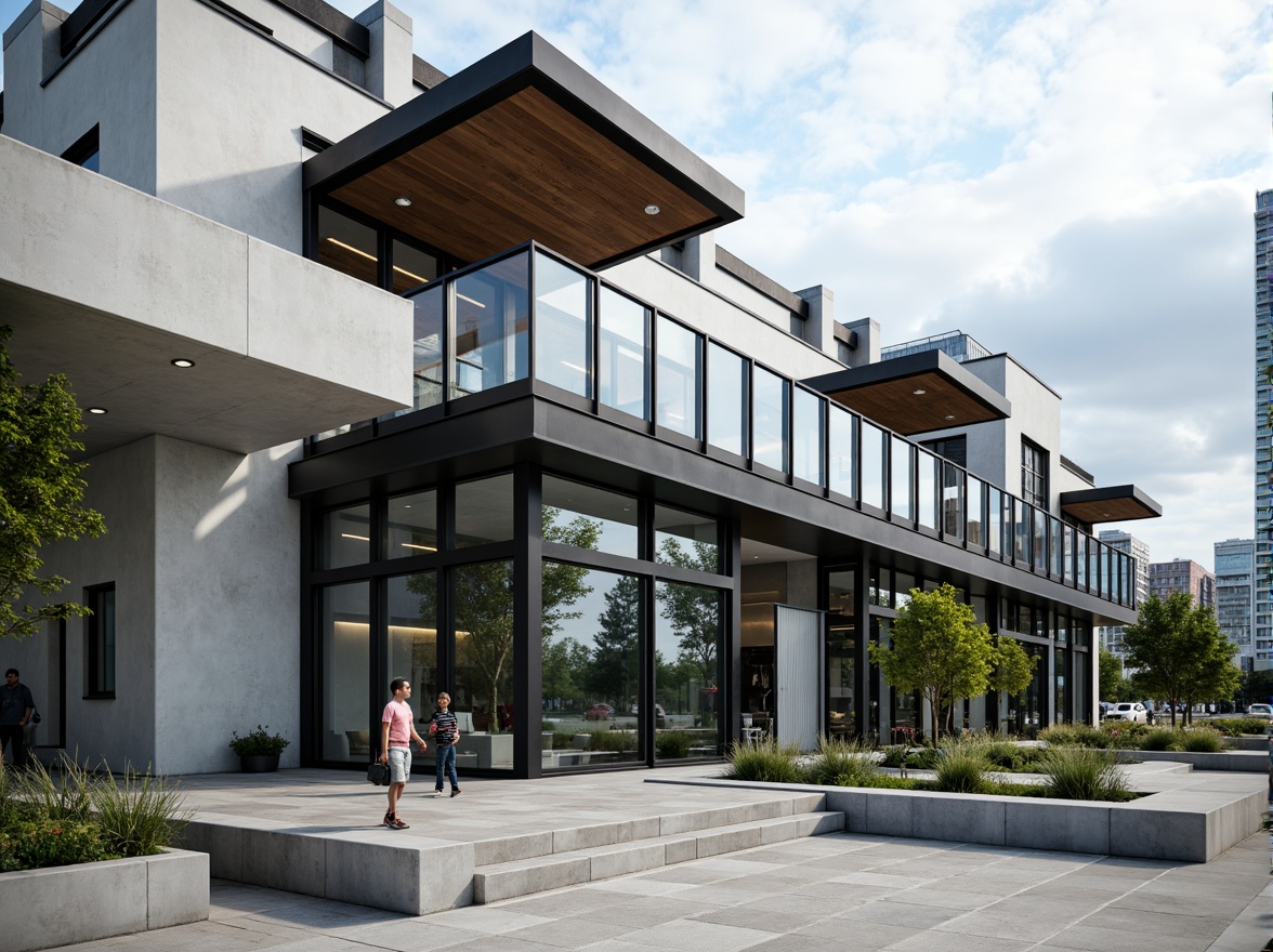 Prompt: Modern building facade, clean lines, minimalist aesthetic, large glass windows, steel frames, cantilevered roofs, open floor plans, industrial materials, exposed ductwork, polished concrete floors, sleek metal railings, geometric shapes, urban cityscape, cloudy sky, soft natural lighting, shallow depth of field, 3/4 composition, realistic textures, ambient occlusion.