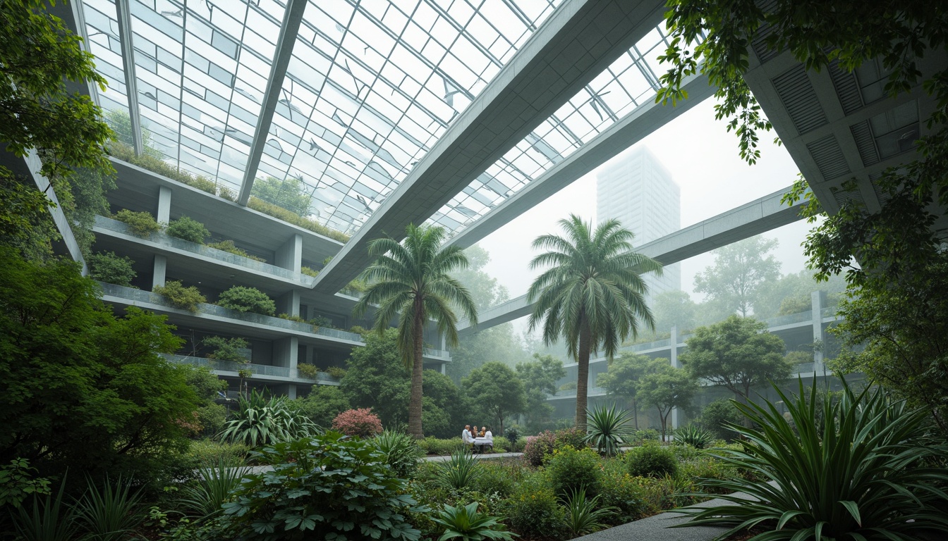 Prompt: Futuristic greenhouse, lush tropical plants, misty atmosphere, sustainable energy harvesting, solar panels, wind turbines, rainwater collection systems, green roofs, living walls, eco-friendly materials, recycled glass fa\u00e7ades, angular metal frames, minimalist interior design, natural ventilation systems, automated climate control, soft diffused lighting, shallow depth of field, 3/4 composition, panoramic view, realistic textures, ambient occlusion.