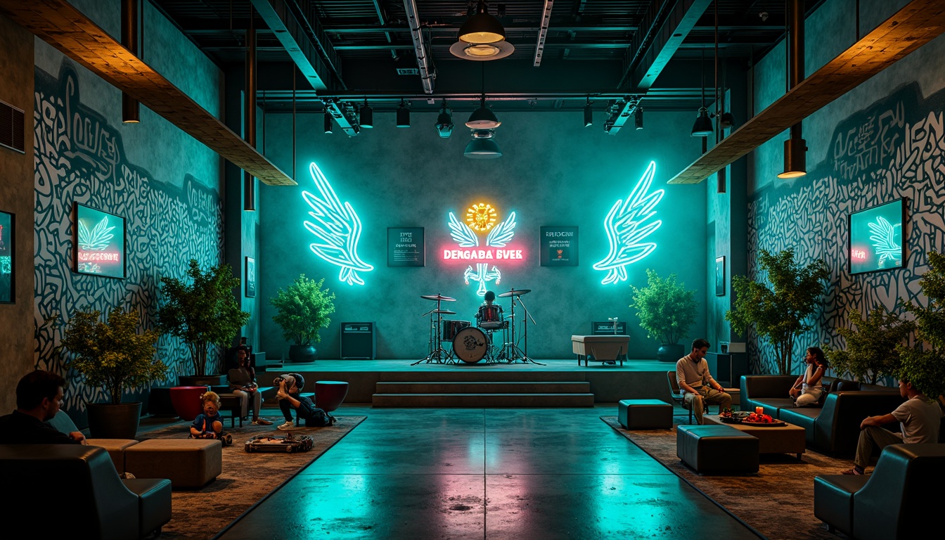 Prompt: Vibrant teal accents, neon lights, dynamic stage design, eclectic music instruments, graffiti walls, industrial metal beams, polished concrete floors, trendy lounge seating, retro-futuristic decor, edgy urban atmosphere, moody dim lighting, shallow depth of field, 1/1 composition, cinematic view, realistic textures, ambient occlusion.