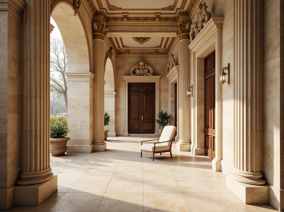 Prompt: Elegant classical architecture, ornate columns, intricately carved details, warm beige stone walls, soft cream marble floors, rich walnut wood accents, subtle gold leafing, muted earthy tones, serene natural light, gentle shadows, 1/2 composition, shallow depth of field, realistic textures, ambient occlusion.