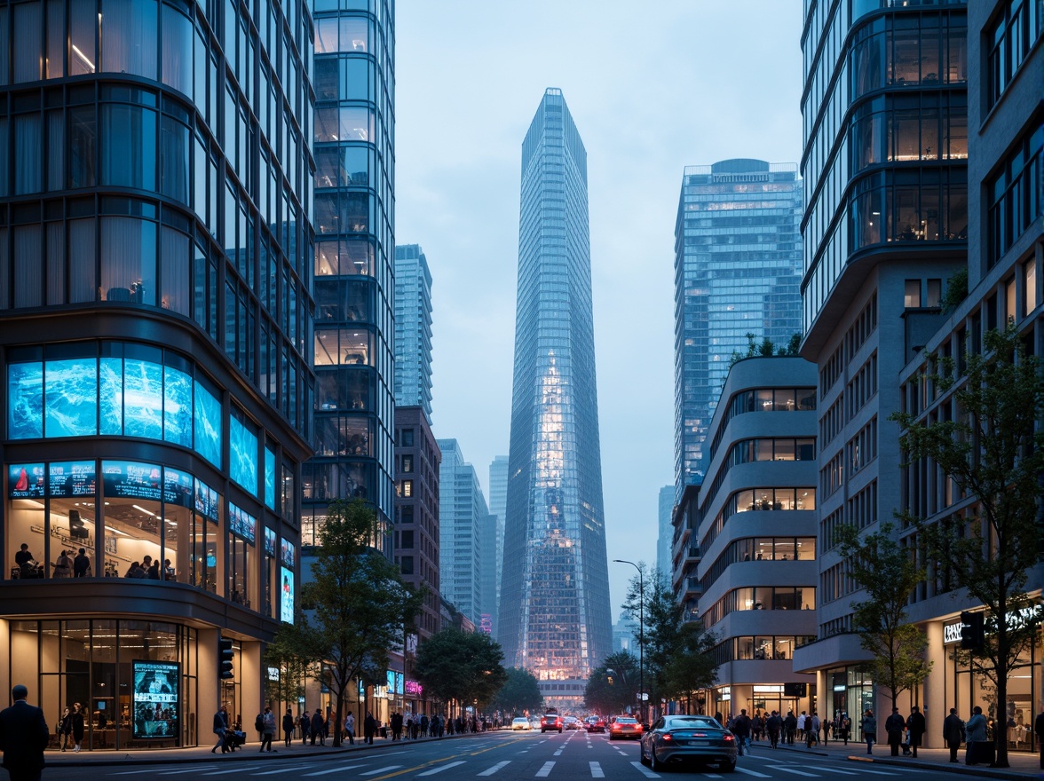 Prompt: Futuristic cityscape, sleek skyscrapers, iridescent glass facades, metallic frames, neon lights, holographic advertisements, bustling streets, flying cars, robotic pedestrians, cyberpunk atmosphere, misty evening, soft blue lighting, shallow depth of field, 1/1 composition, panoramic view, realistic reflections, ambient occlusion.