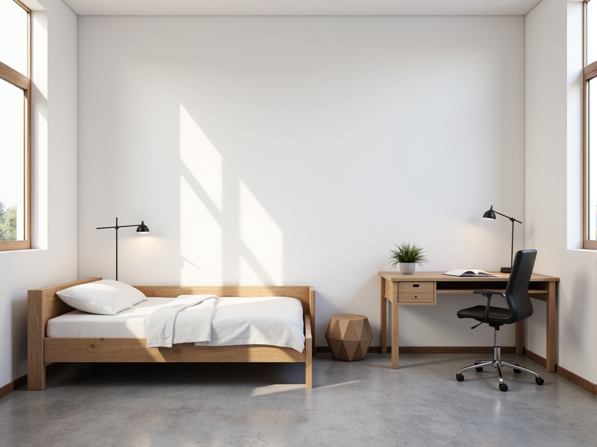 Prompt: Simple dorm room, minimal decor, monochromatic color scheme, sleek wooden furniture, low-profile bed frame, compact desk, ergonomic chair, geometric-shaped nightstand, industrial-style lighting fixtures, concrete floors, plain white walls, subtle textures, natural light, soft shadows, 1/1 composition, realistic rendering, ambient occlusion.