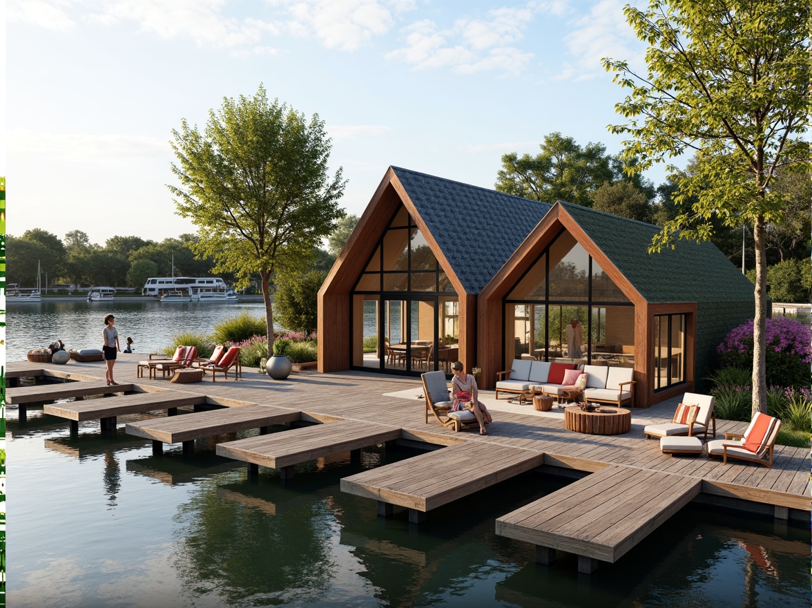 Prompt: Waterfront boathouse, rustic wooden docks, serene lake views, modern glazing systems, floor-to-ceiling windows, sliding glass doors, reflective water-inspired fa\u00e7ades, angular metal frames, minimalist design, sustainable energy solutions, solar panels, green roofs, eco-friendly materials, innovative cooling technologies, shaded outdoor spaces, misting systems, nautical-themed decorations, vibrant colorful textiles, intricate geometric motifs, warm soft lighting, shallow depth of field, 3/4 composition, panoramic view, realistic textures, ambient occlusion.