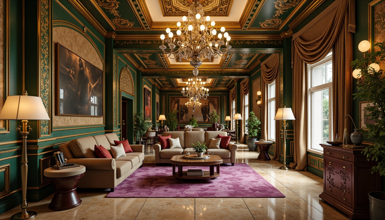 Prompt: Luxurious apartment interior, Byzantine-inspired architecture, rich jewel tones, emerald green walls, golden accents, ornate patterns, intricate mosaics, warm beige marble floors, lavish velvet fabrics, regal purple hues, soft cream ceilings, dramatic chandeliers, opulent furnishings, grandiose archways, mystical ambiance, warm golden lighting, shallow depth of field, 1/1 composition, realistic textures, ambient occlusion.