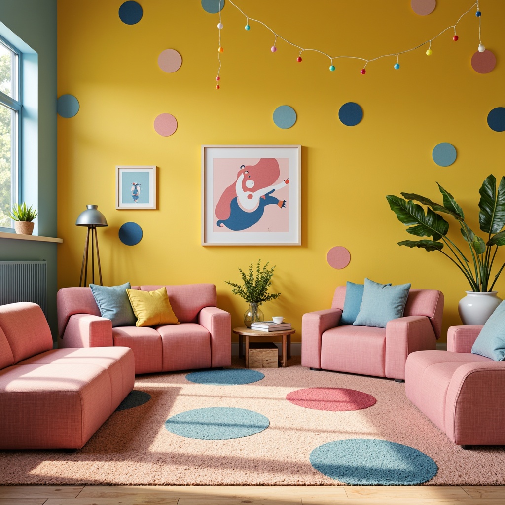 Prompt: Vibrant playroom, whimsical color accents, bold polka dots, bright yellow walls, soft pink furniture, playful geometric patterns, textured carpets, natural wood floors, modern minimalist decor, cozy reading nooks, oversized pillows, fun abstract artwork, eclectic decorative objects, warm task lighting, shallow depth of field, 1/1 composition, realistic textures, ambient occlusion.