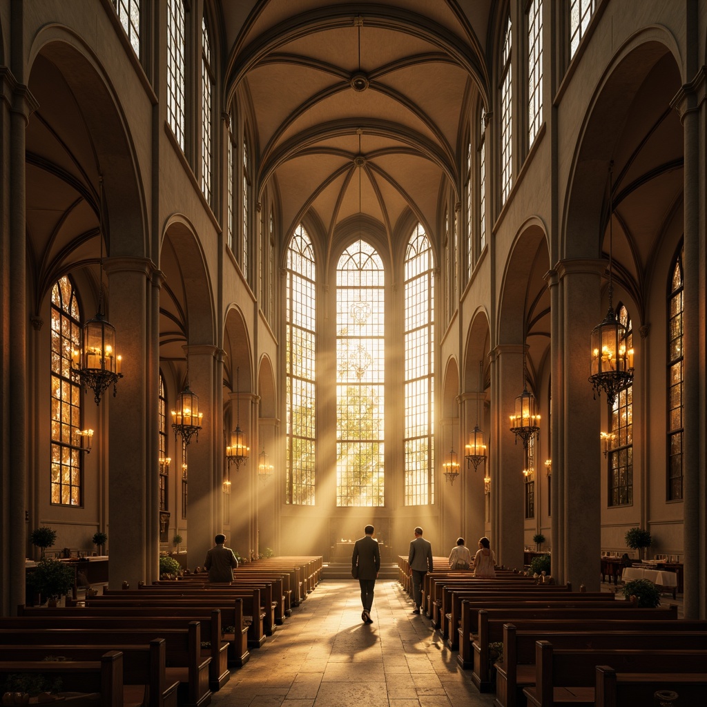 Prompt: Ethereal cathedral interior, stained glass windows, warm golden lighting, soft diffused illumination, dramatic shadows, ornate chandeliers, suspended lanterns, subtle color temperature shifts, atmospheric fog effects, mystical ambiance, vaulted ceilings, intricate stone carvings, grandiose architecture, serene atmosphere, natural light pouring through clerestory windows, subtle glow of candles, warm beige stone walls, richly textured fabrics, 1/2 composition, high contrast ratio, cinematic lighting.