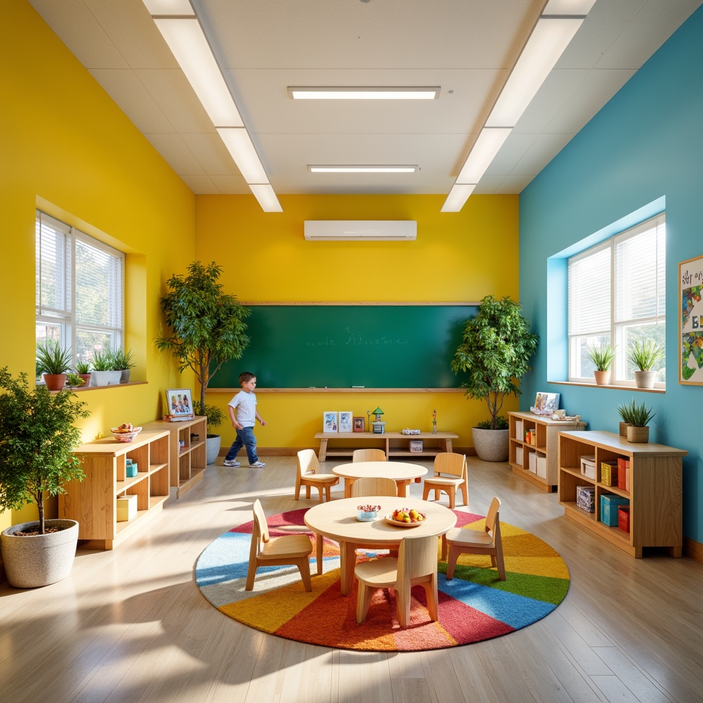 Prompt: Vibrant elementary school, playful kindergarten classroom, bright yellow walls, soft blue accents, green chalkboard, wooden desks, colorful rug, educational posters, natural light, warm beige floors, modern furniture, circular tables, collaborative learning spaces, cozy reading nooks, calming atmosphere, gentle lighting, shallow depth of field, 1/1 composition, realistic textures, ambient occlusion.