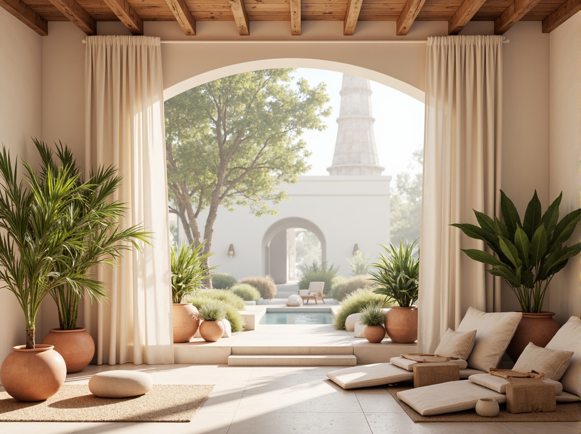 Prompt: Soft peach tones, creamy whites, warm beige accents, rich walnut wood, subtle gold metallic hints, delicate linen textures, natural stone backgrounds, earthy terracotta pots, lush green foliage, misty morning light, shallow depth of field, 1/2 composition, realistic renderings, ambient occlusion.