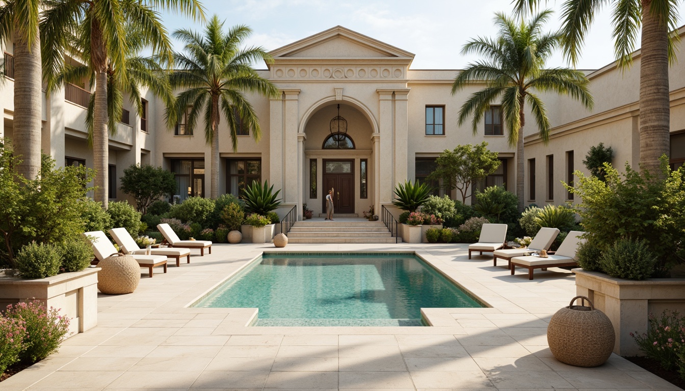 Prompt: Elegant poolside, soft cream marble, ornate fountains, lush greenery, vibrant flowers, majestic columns, grand archways, symmetrical composition, warm beige stone, subtle turquoise water, gentle ripples, serene atmosphere, natural light, soft shadows, 1/1 composition, realistic textures, ambient occlusion.