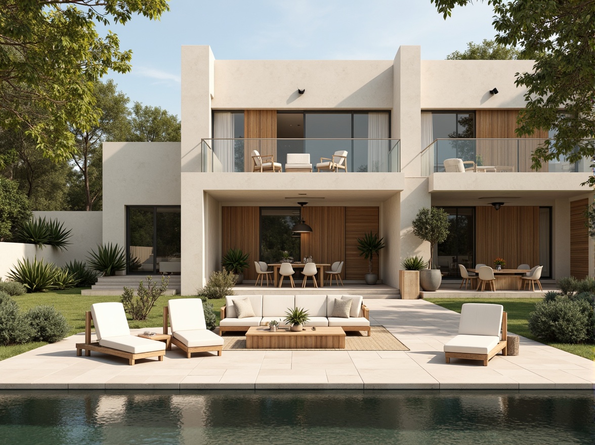 Prompt: Luxurious villa, modernist architecture, clean lines, minimal ornamentation, large windows, sliding glass doors, open-plan living spaces, high ceilings, polished concrete floors, warm beige walls, rich wood accents, sleek metal fixtures, subtle color palette, soft creamy whites, gentle grays, taupe undertones, earthy browns, muted blues, natural stone textures, lush greenery, serene outdoor spaces, sunny day, soft warm lighting, shallow depth of field, 3/4 composition, panoramic view, realistic textures, ambient occlusion.