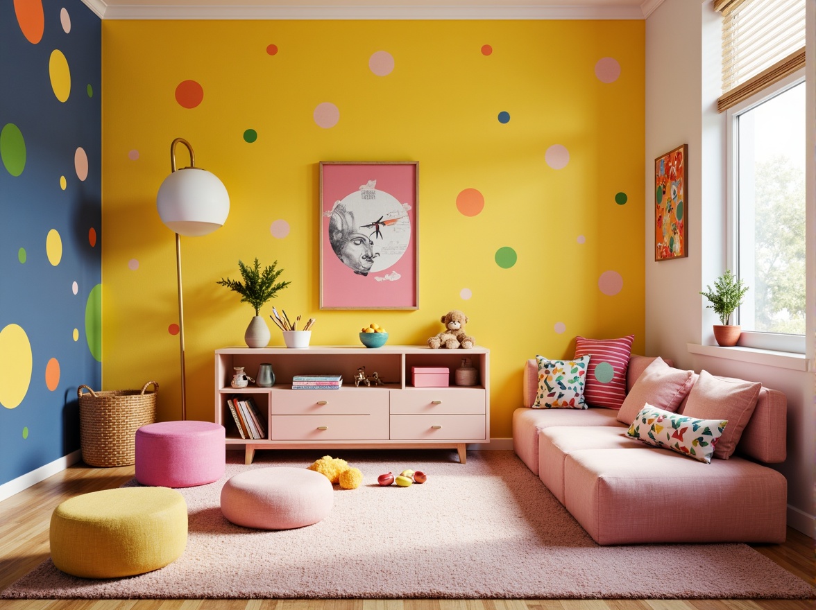 Prompt: Vibrant playroom, whimsical color accents, bold polka dots, bright yellow walls, soft pink furniture, playful geometric patterns, textured carpets, natural wood floors, modern minimalist decor, cozy reading nooks, oversized pillows, fun abstract artwork, eclectic decorative objects, warm task lighting, shallow depth of field, 1/1 composition, realistic textures, ambient occlusion.