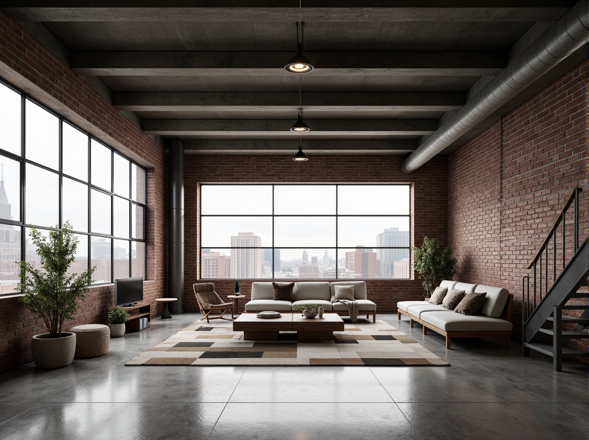 Prompt: Industrial chic loft, exposed brick walls, metal beams, polished concrete floors, minimalist decor, sleek lines, modern high-tech gadgets, futuristic lighting fixtures, floor-to-ceiling windows, cityscape views, urban landscape, cloudy day, soft natural light, shallow depth of field, 3/4 composition, panoramic view, realistic textures, ambient occlusion, reclaimed wood accents, industrial metal stairs, open-plan living area, cozy reading nooks, plush sectional sofas, geometric patterned rugs.