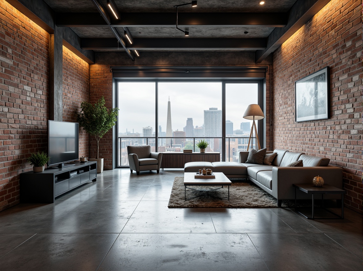 Prompt: Industrial chic loft, exposed brick walls, metal beams, polished concrete floors, sleek modern furniture, minimalist decor, neutral color palette, monochromatic tones, metallic accents, LED lighting, futuristic ambiance, high-tech gadgets, urban cityscape views, cloudy day, soft diffused light, shallow depth of field, 1/1 composition, realistic textures, ambient occlusion.