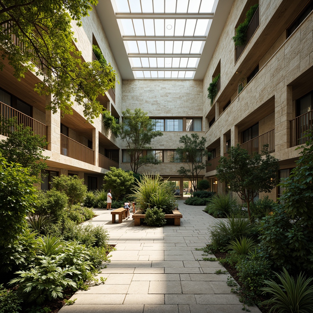 Prompt: Vibrant atrium, lush greenery, natural stone walls, wooden accents, clerestory windows, skylights, solar tubes, reflective surfaces, minimalist decor, open floor plans, airy spaces, soft warm lighting, gentle shadows, 1/1 composition, shallow depth of field, realistic textures, ambient occlusion, morning light, afternoon sunbeams, evening twilight, subtle color palette.