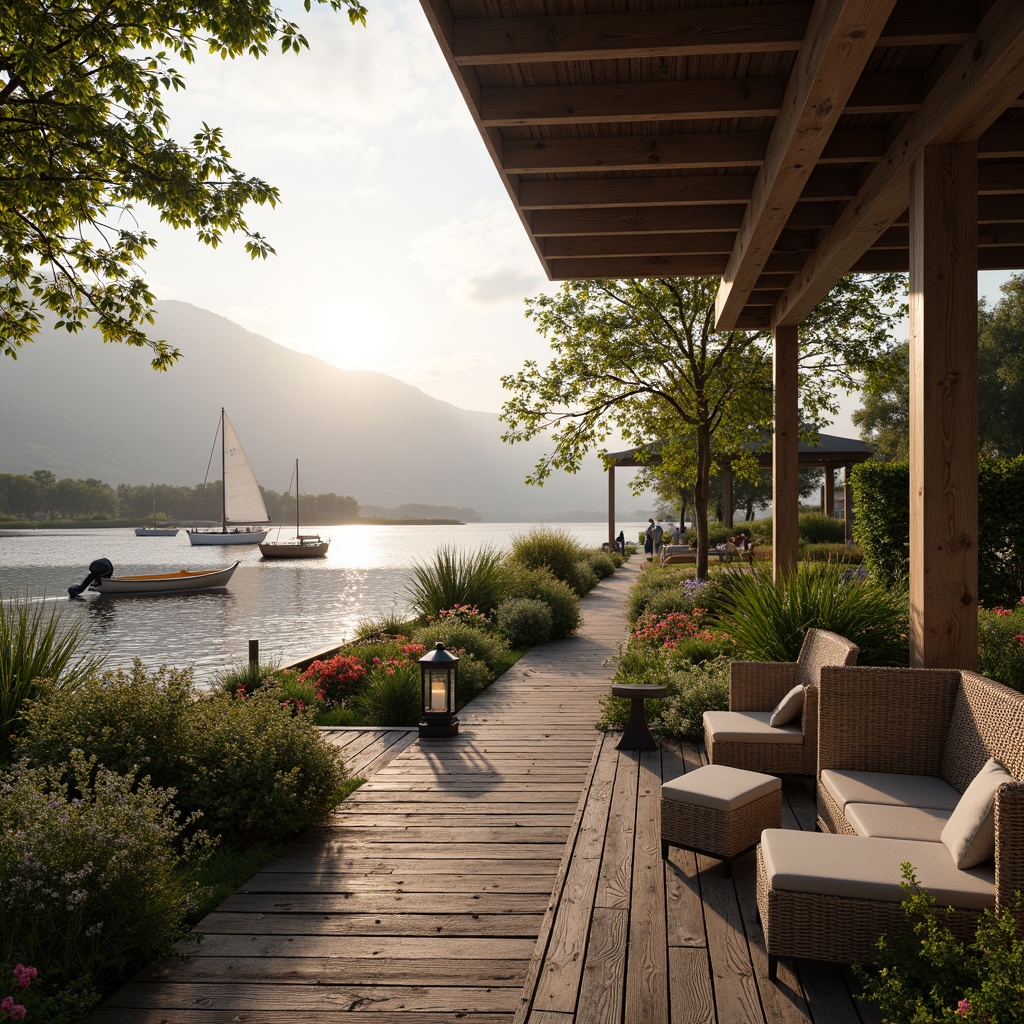 Prompt: Serene waterfront, rustic wooden dock, lush greenery, vibrant flowers, tranquil lake views, sailboats, kayaks, paddleboards, nautical ropes, weathered wood accents, natural stone pathways, lantern-style lighting, warm sunset glow, shallow depth of field, 3/4 composition, panoramic view, realistic textures, ambient occlusion, cozy outdoor seating areas, woven wicker furniture, plush cushions, soft warm lighting, misty morning atmosphere.