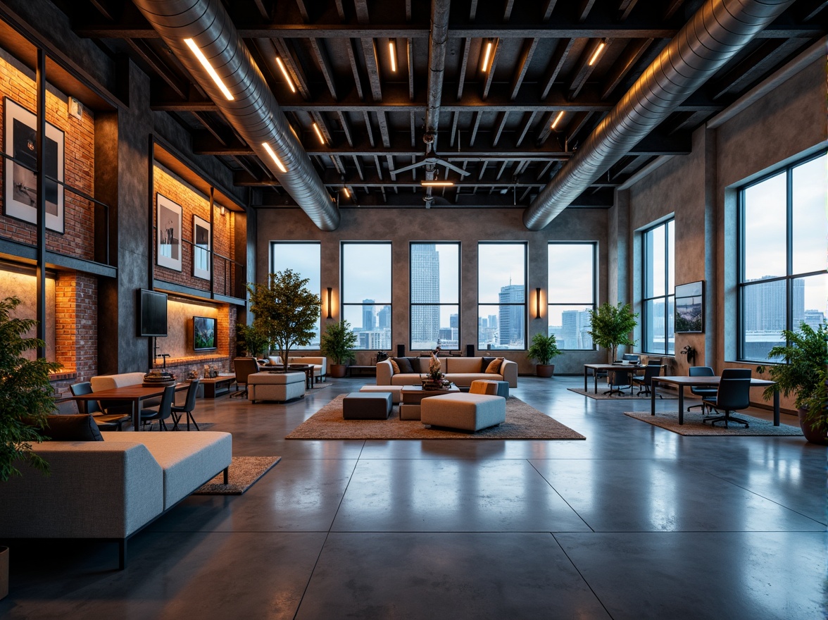 Prompt: Industrial chic loft, exposed brick walls, metal beams, polished concrete floors, minimalist decor, sleek lines, modern high-tech gadgets, futuristic lighting fixtures, neon accents, urban cityscape views, floor-to-ceiling windows, open-plan living areas, modular furniture, ergonomic seating, collaborative workspaces, virtual reality zones, 3D printing stations, smart home automation systems, ambient LED lighting, shallow depth of field, 2/3 composition, cinematic camera angles, realistic metallic textures, advanced particle simulations.