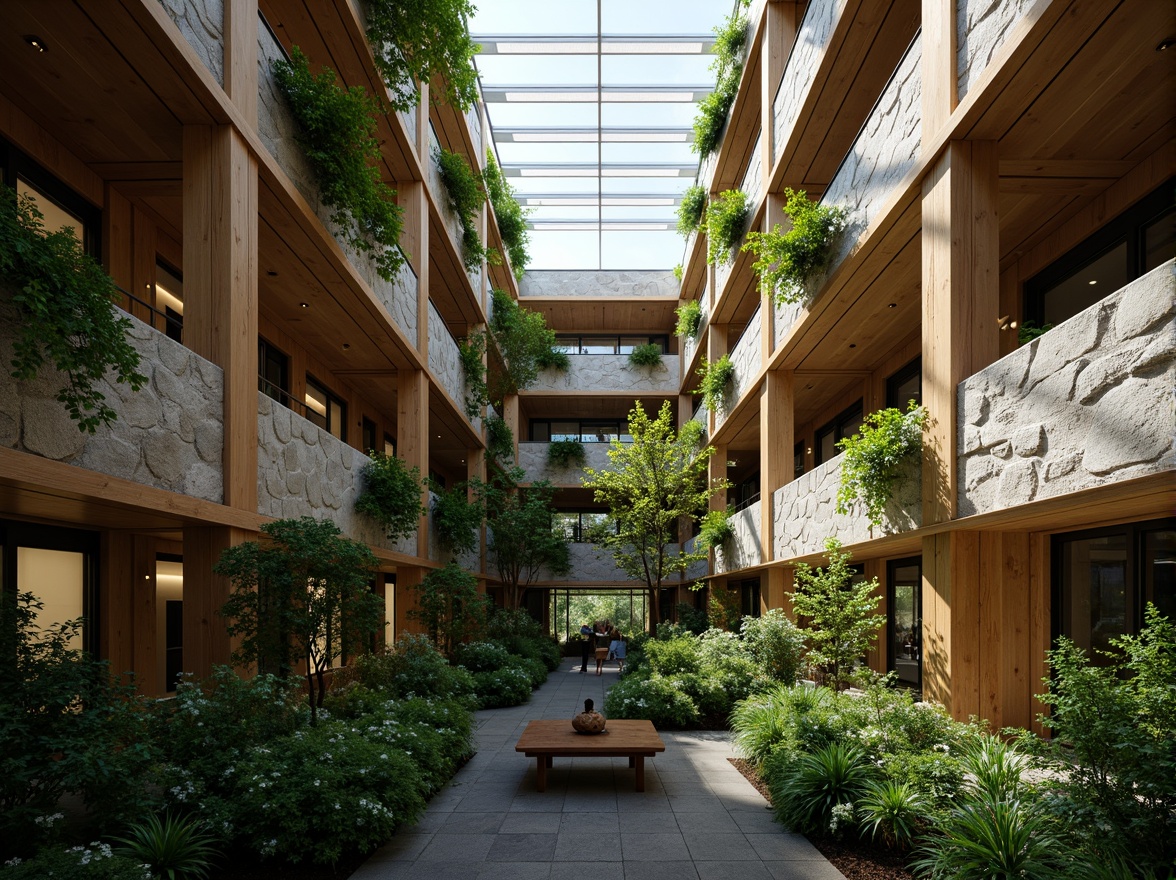 Prompt: Vibrant atrium, lush greenery, natural stone walls, wooden accents, clerestory windows, skylights, solar tubes, reflective surfaces, ambient lighting, soft warm glow, indirect illumination, layered shading, 3/4 composition, panoramic view, realistic textures, subtle color palette, earthy tones, organic forms, minimalist decor, cozy atmosphere, serene ambiance.