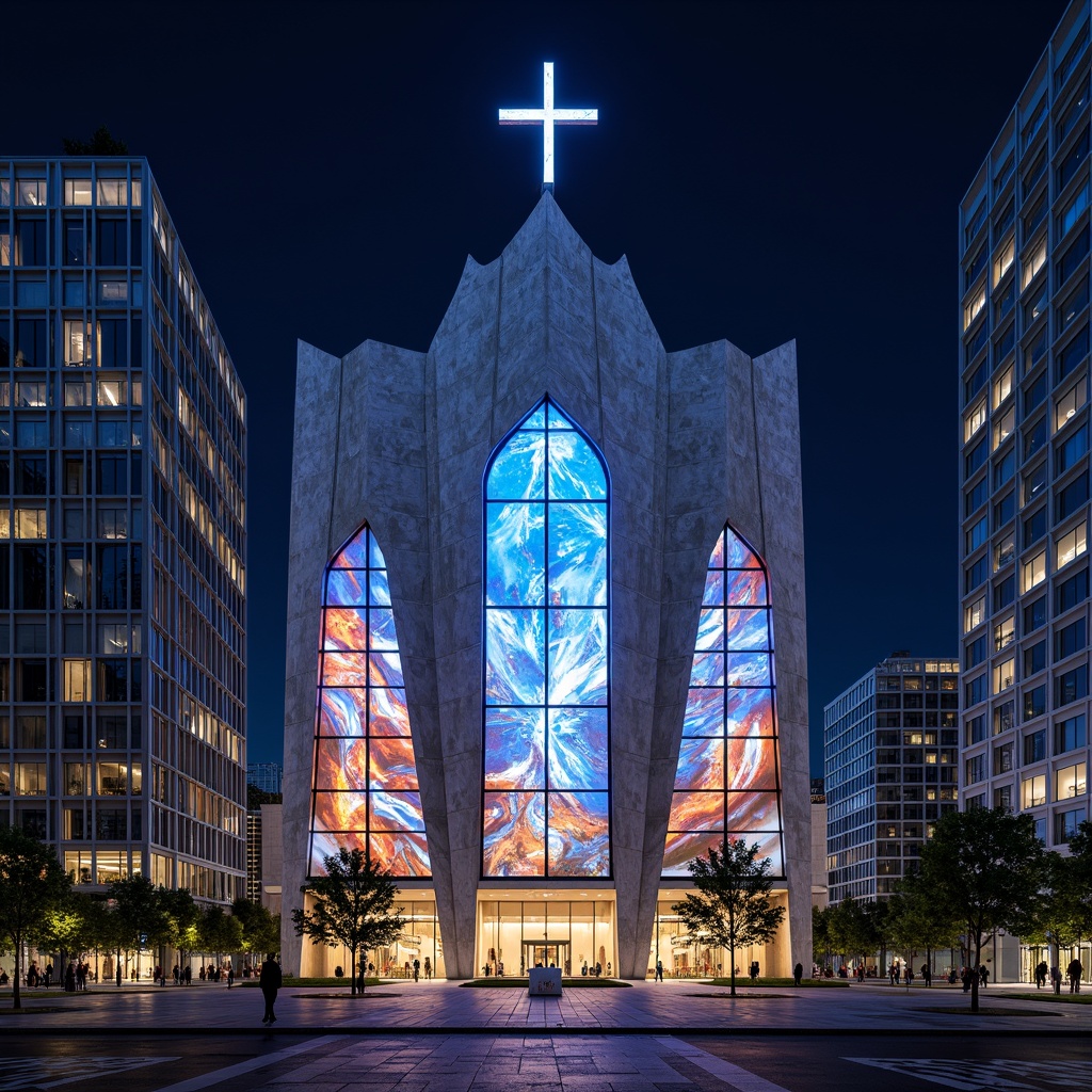 Prompt: Futuristic church facade, neon-lit crosses, iridescent stained glass windows, holographic projections, metallic mesh exteriors, parametric architecture, undulating curves, glowing LED accents, cantilevered roofs, angular lines, minimalist ornamentation, sustainable energy harvesting systems, solar panels, wind turbines, water conservation systems, green roofs, eco-friendly materials, innovative cooling technologies, shaded outdoor spaces, misting systems, futuristic sculptures, vibrant colorful textiles, intricate geometric motifs, 3/4 composition, panoramic view, realistic textures, ambient occlusion.