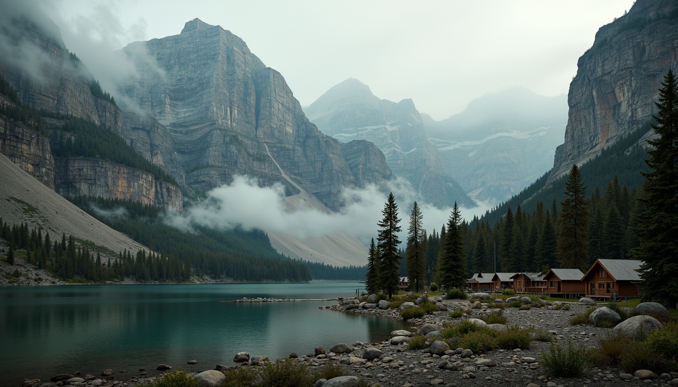 Prompt: Majestic mountain peaks, rugged rocky formations, misty foggy atmosphere, earthy brown terrain, lush green forests, sparkling waterfalls, serene lakeside, rustic wooden cabins, vintage outdoor gear, warm campfire lighting, soft misty morning, cinematic 2.35