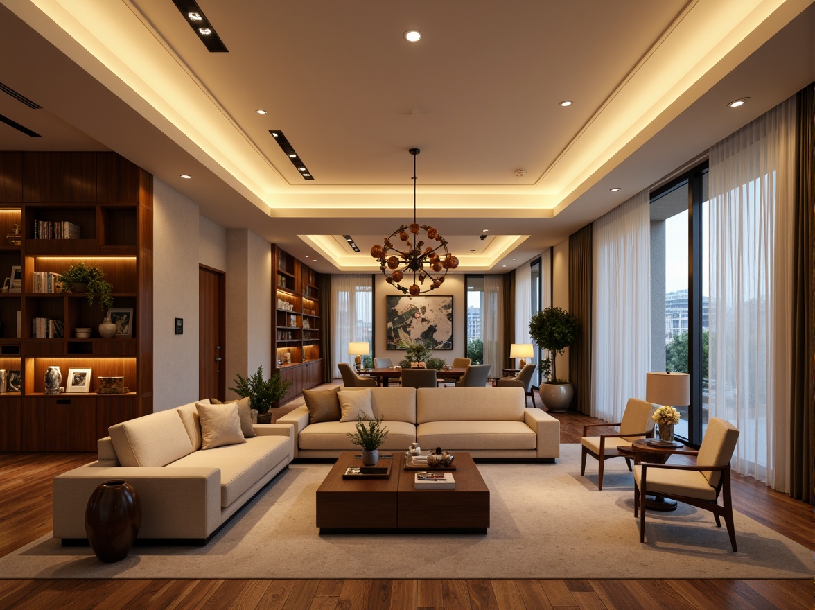 Prompt: Elegant living room, warm ambient lighting, soft glowing lamps, comfortable seating area, rich wood furniture, luxurious fabrics, subtle color palette, sophisticated decor, floor-to-ceiling windows, natural daylight, layered lighting scheme, recessed ceiling lights, table lamps, floor lamps, LED strip lights, cozy reading nook, relaxing atmosphere, warm beige tones, creamy whites, soft pastels, 1/1 composition, shallow depth of field, realistic textures, ambient occlusion.