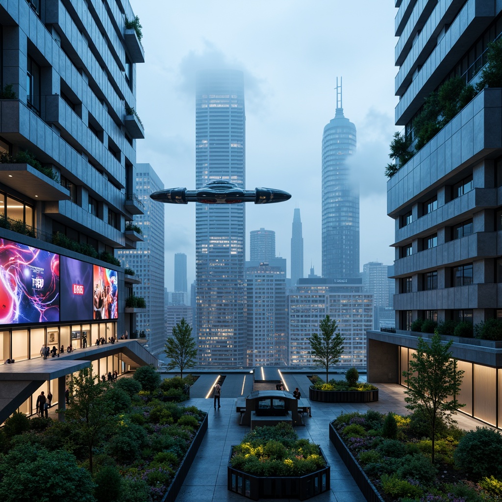 Prompt: Futuristic cityscape, neon-lit skyscrapers, holographic advertisements, levitating transportation pods, curved metallic buildings, iridescent glass facades, angular rooftops, verdant green walls, hydroponic gardens, misty atmospheric effects, soft blue ambient lighting, shallow depth of field, 1/1 composition, panoramic view, realistic reflections, ambient occlusion, sleek modern furniture, minimalist decor, futuristic gadgets, virtual reality interfaces, augmented reality displays.