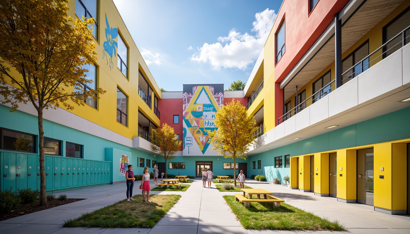 Prompt: Vibrant middle school building, bold color palette, modernist architecture, geometric shapes, clean lines, minimal ornamentation, functional design, open floor plans, natural light, clerestory windows, exposed ductwork, industrial chic, polished concrete floors, bright accent walls, turquoise lockers, yellow cafeteria tables, green outdoor spaces, abstract murals, graphic patterns, dynamic typography, energetic atmosphere, warm afternoon lighting, shallow depth of field, 2/3 composition, symmetrical framing.