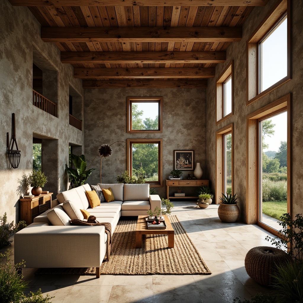 Prompt: Rustic barn, reclaimed wood accents, vintage farm tools, natural stone walls, earthy color palette, exposed wooden beams, large windows, sliding glass doors, lush greenery, wildflowers, sunny day, soft warm lighting, shallow depth of field, 3/4 composition, panoramic view, realistic textures, ambient occlusion, open floor plan, minimal ornamentation, distressed metal decor, woven textiles, natural fabrics, cozy nooks, plush furnishings, rustic-chic atmosphere.