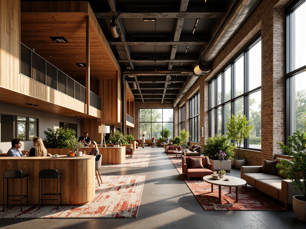 Prompt: Cozy student lounge, warm wooden accents, plush carpeting, comfortable sofas, rustic brick walls, industrial metal beams, natural stone columns, earthy color palette, abundant greenery, floor-to-ceiling windows, soft diffused lighting, shallow depth of field, 3/4 composition, panoramic view, realistic textures, ambient occlusion.