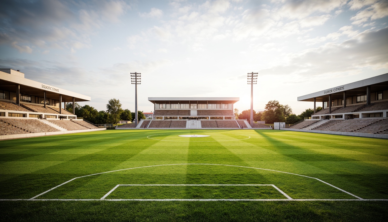 Prompt: Minimalist sports fields, lush green grass, subtle earthy tones, weathered wood bleachers, sleek metal goalposts, vibrant team colors, bold typography, natural stone pathways, rustic fences, open skies, warm sunlight, soft shadows, shallow depth of field, 3/4 composition, panoramic view, realistic textures, ambient occlusion.