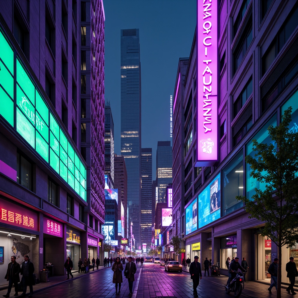 Prompt: Neon-lit cityscape, futuristic skyscrapers, iridescent glass facades, holographic advertisements, vibrant purple and green hues, metallic silver accents, glowing blue lines, sleek aerodynamic shapes, retro-futuristic nostalgia, cyberpunk influences, high-tech gadgetry, virtual reality interfaces, neon-drenched alleys, 3D projection mapping, cinematic lighting, shallow depth of field, 1/1 composition, futuristic typography, abstract geometric patterns.