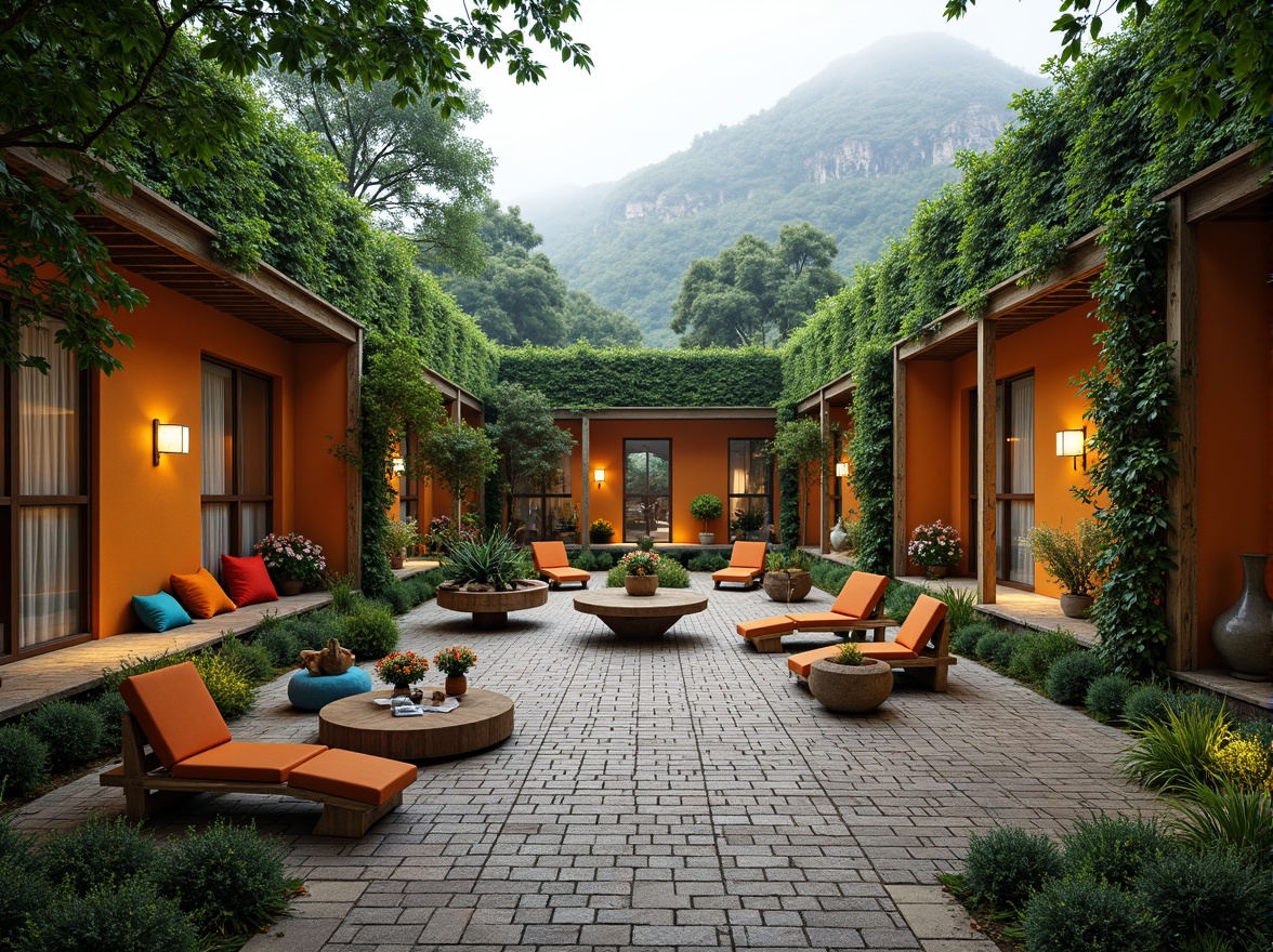 Prompt: Vibrant hostel courtyard, lush green walls, natural stone pathways, wooden benches, eclectic furniture, colorful textiles, modern minimalist architecture, large windows, sliding glass doors, abundant natural light, warm cozy atmosphere, shallow depth of field, 3/4 composition, panoramic view, realistic textures, ambient occlusion, surrounding mountainous landscape, serene forest views, misty morning, soft warm lighting.