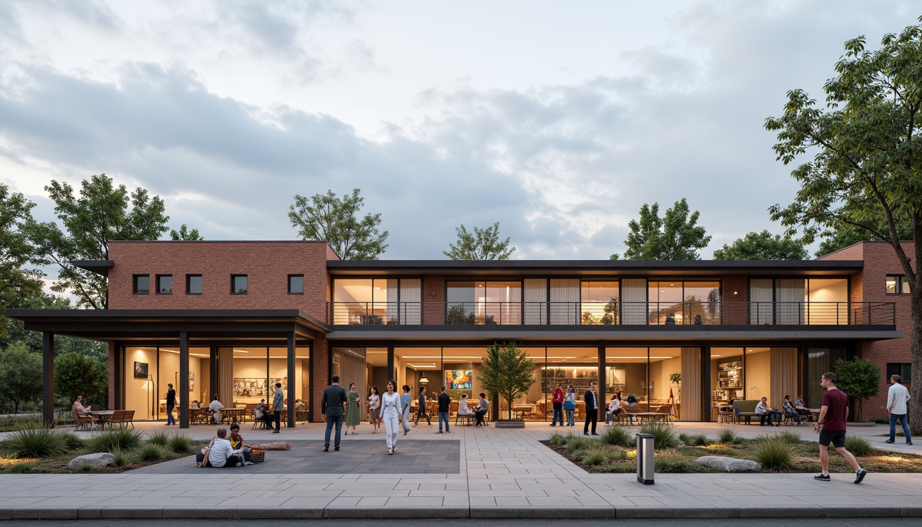 Prompt: Rustic community center, Bauhaus-inspired facade, rectangular forms, clean lines, industrial materials, exposed brick walls, steel beams, large windows, minimalist decor, functional simplicity, earthy color palette, natural textures, communal outdoor spaces, vibrant street art, urban landscape, cloudy sky, soft diffused lighting, 1/1 composition, realistic renderings, ambient occlusion.